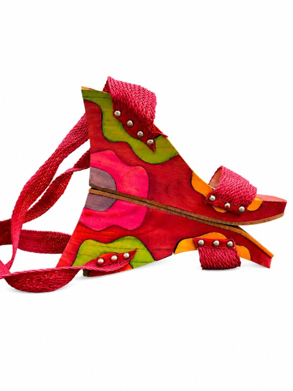 Paloma Barcelo Colorful Wood Wedge Sandals with Ballet Strap Ties Size 7